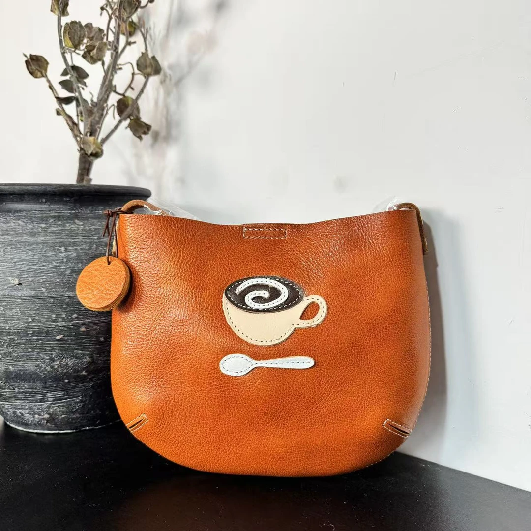 原创手工皮包治愈系牛皮个性女款斜跨 小贝壳--日落黄卡布奇诺