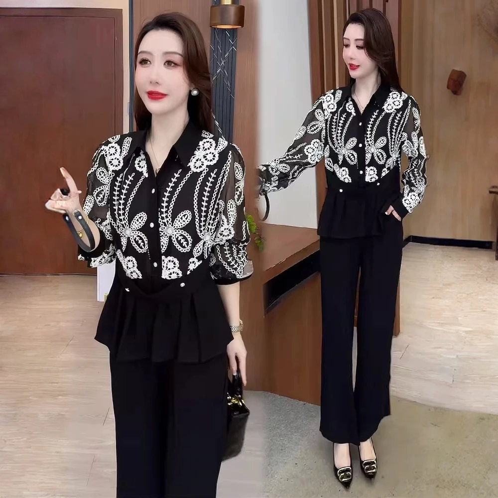 拉夏贝尔时尚套装女2025秋季新款小香风长袖衬衫阔腿裤两件套