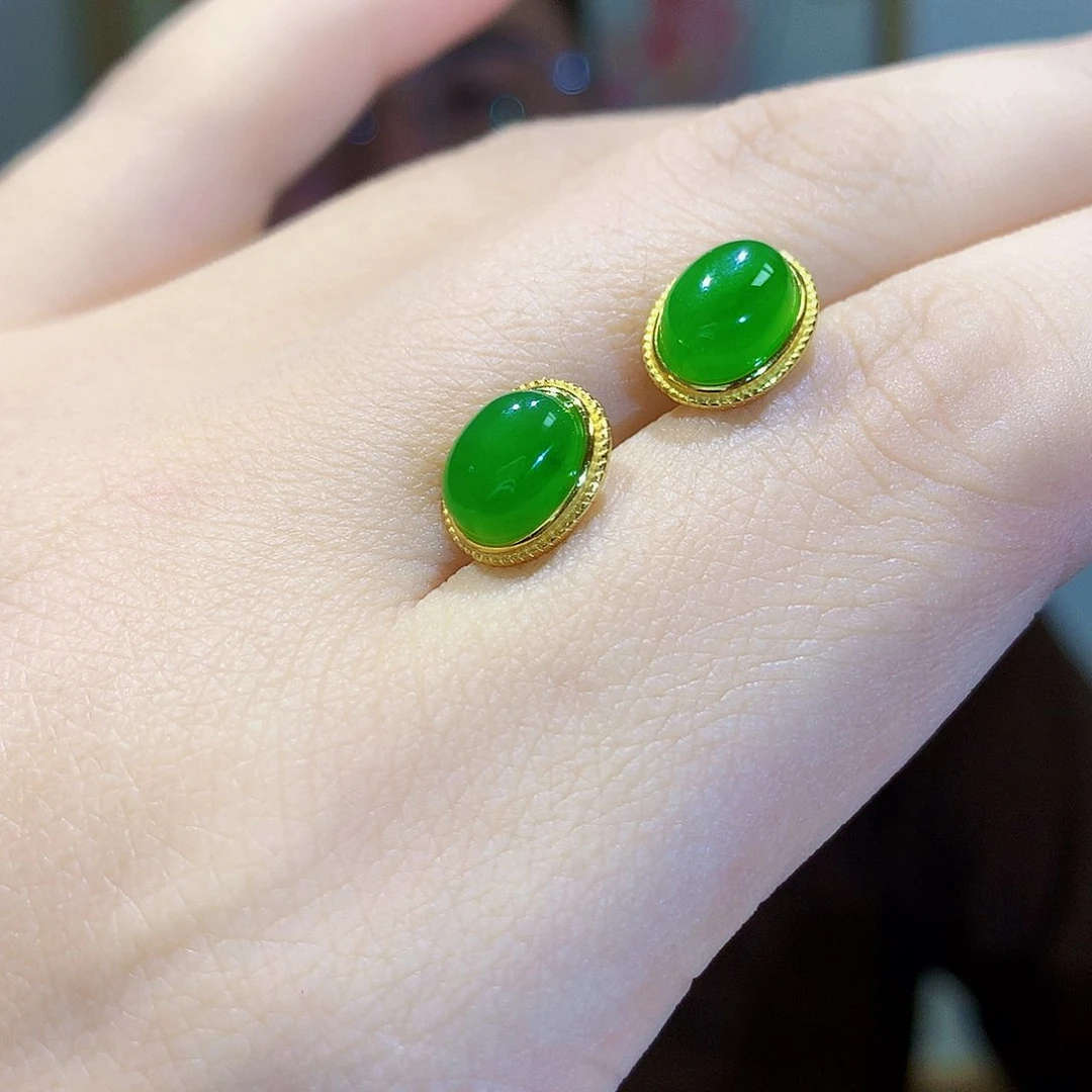 和田玉（碧玉）耳饰银S925镀金镶嵌