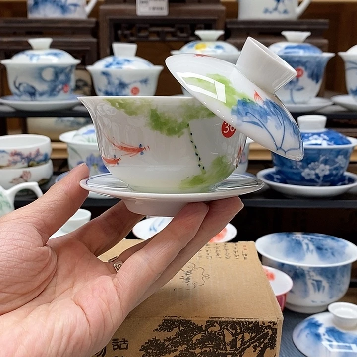 手绘五彩荷花悬停盖碗150cc釉下彩微瑕福利款