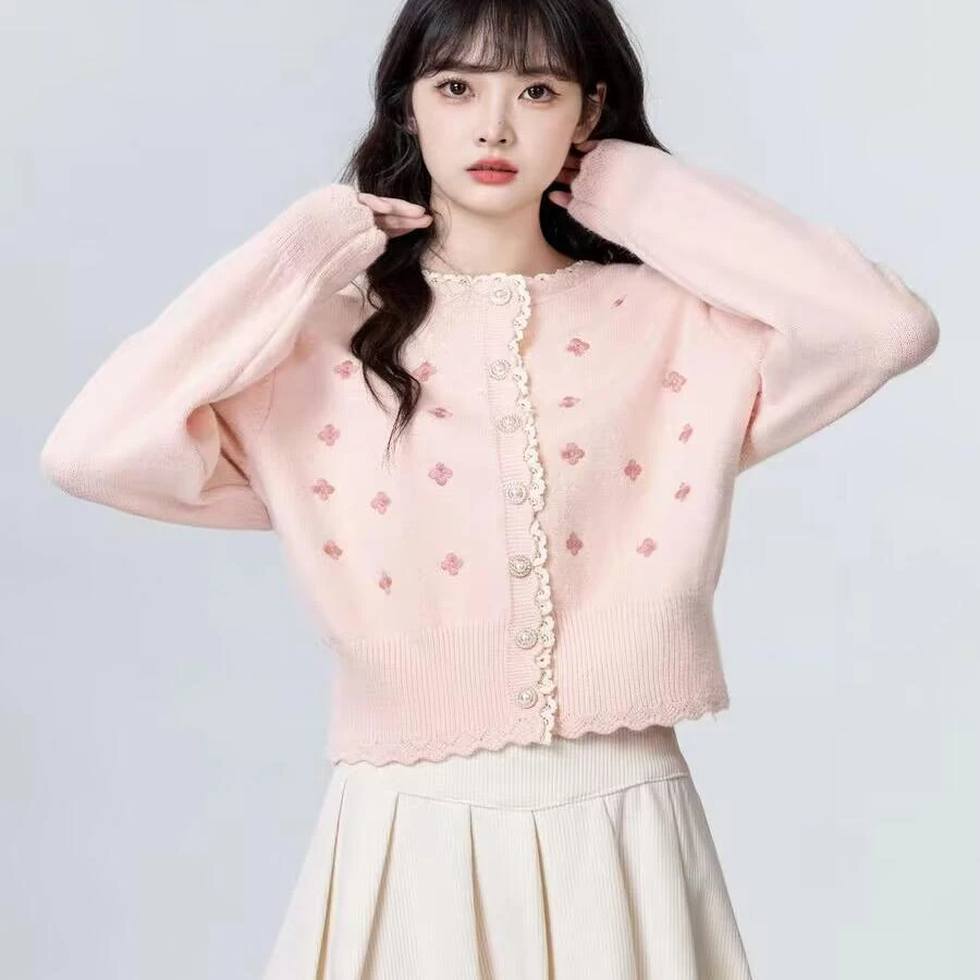 粉色蕾丝花边针织开衫女2025春秋新款设计感刺绣毛衣外套短款上衣