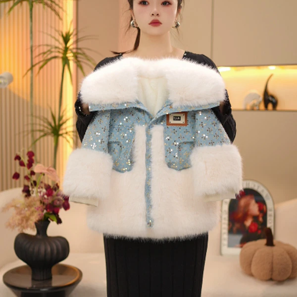 【米拉】女童毛毛外套秋冬季气质皮衣一体中大童加绒时尚外套