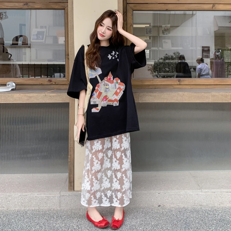 印花T恤+蕾丝半身裙套装女2025夏季新款慵懒风高级感宽松两件套潮