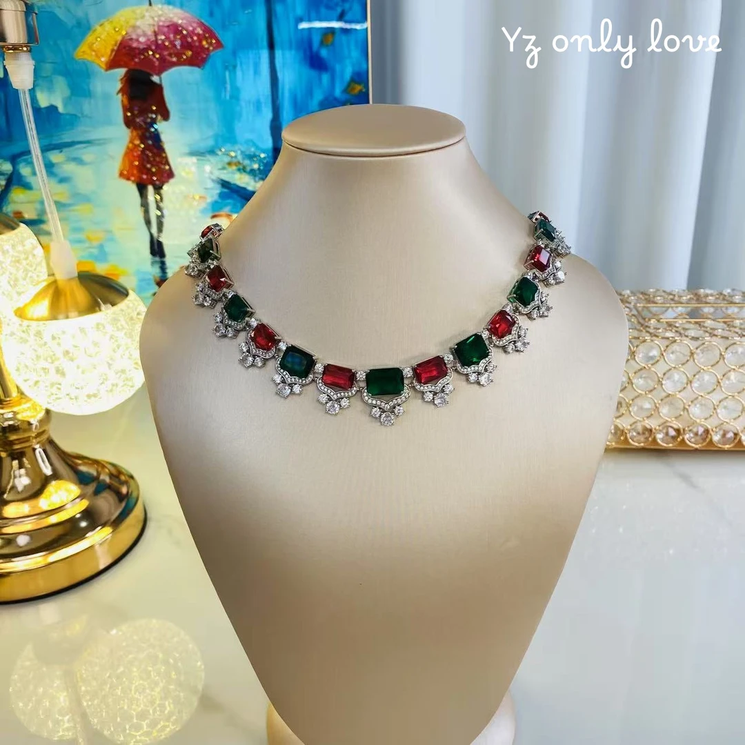 铜合金锆石项链 D023《五月》欧美奢华红绿方晶时尚项链款