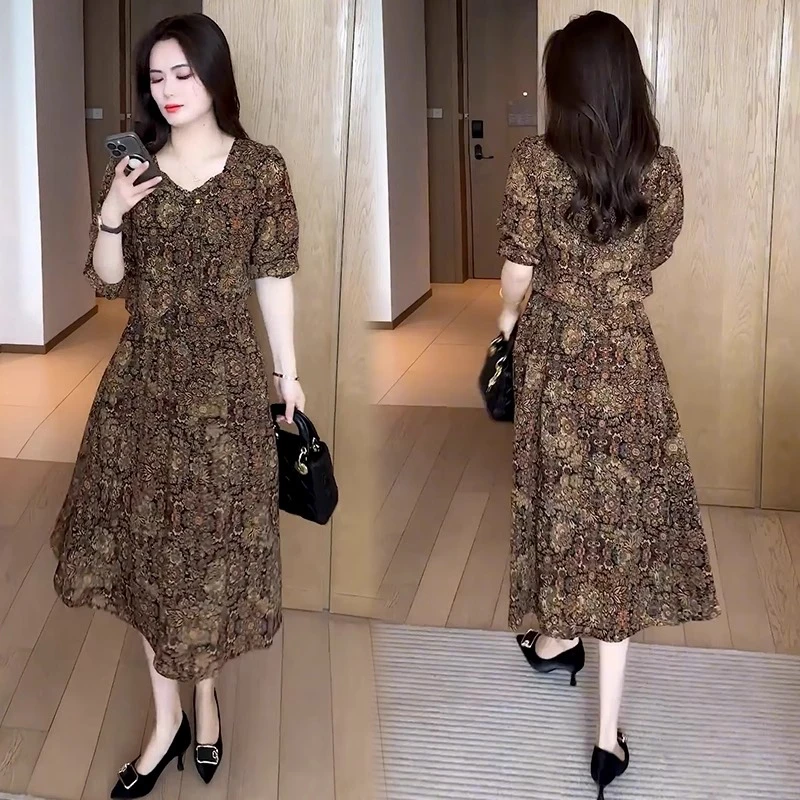 气质中长款裙子潮2025夏季新款洋气减龄显瘦百搭收腰时尚连衣裙女