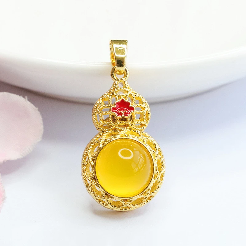 【倩倩珠宝】玉髓葫芦吊坠复古国风黄玉石玛瑙合金镶嵌赠合金链