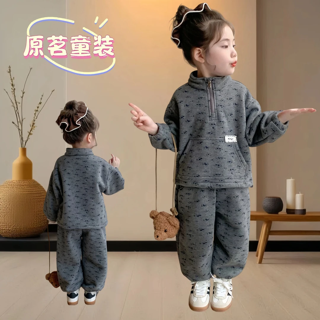 小女童加绒加厚套装冬季洋气女宝保暖小童时髦洋气套头防风新款潮