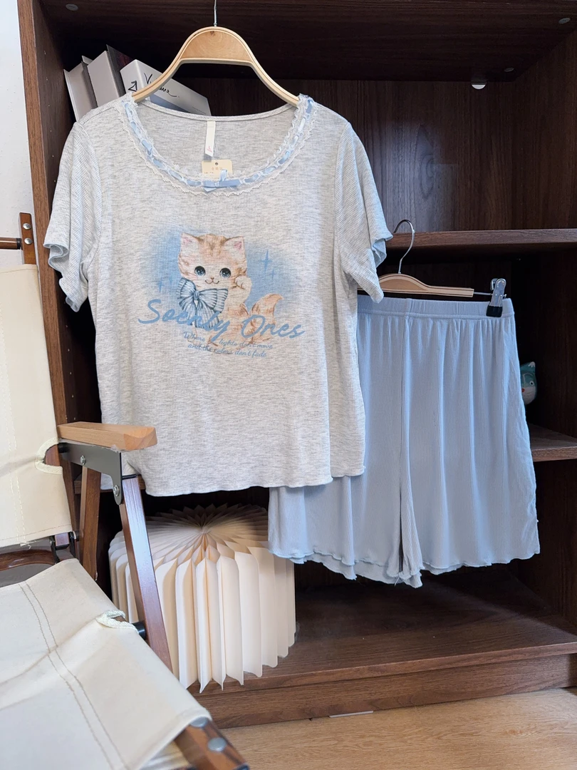 【2773蓝咪】~新款带胸垫短袖可外穿时尚家居服套装