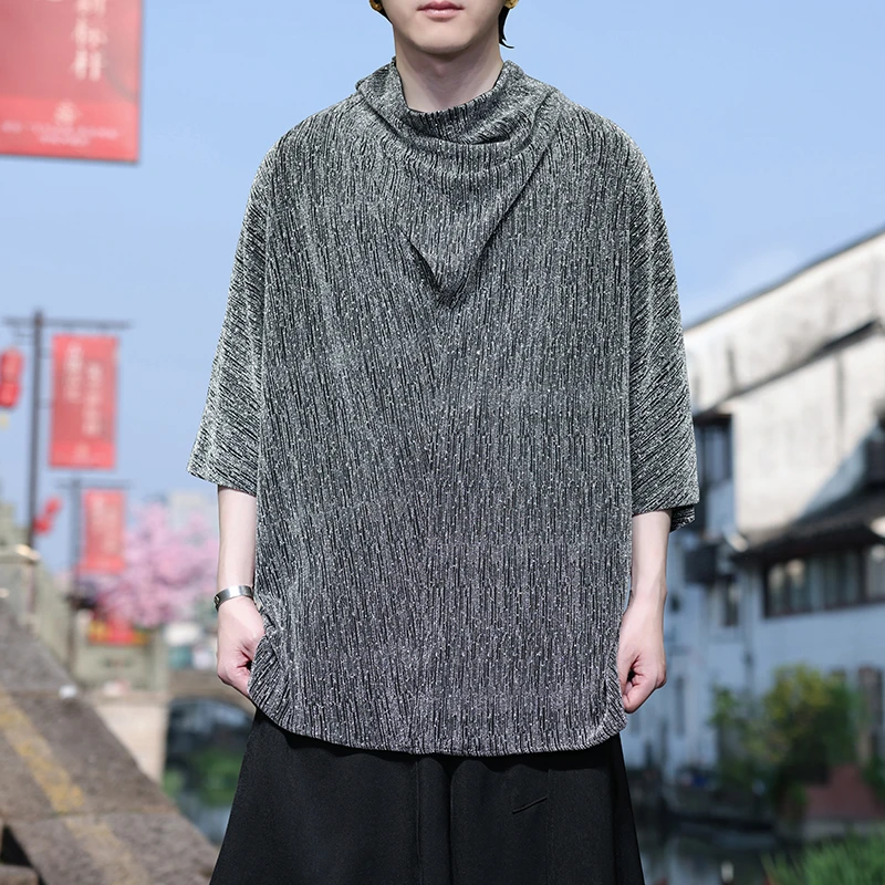 满天星冰丝t恤男小众设计感高堆领短袖新中式国风宽松垂感半截袖