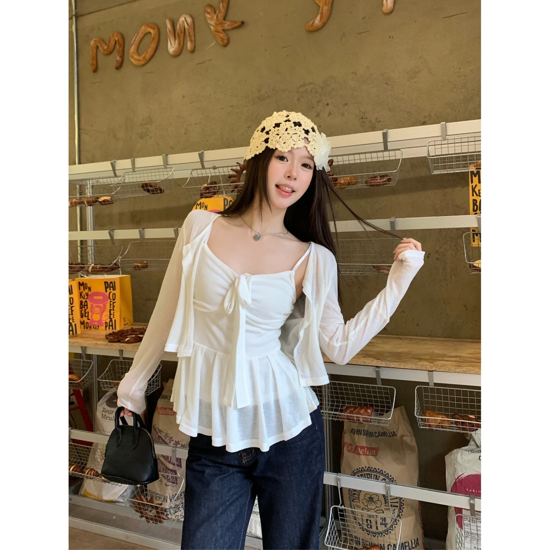 大码胖mm2025春季新款性感纯欲风蝴蝶结吊带背心上衣开衫两件套女