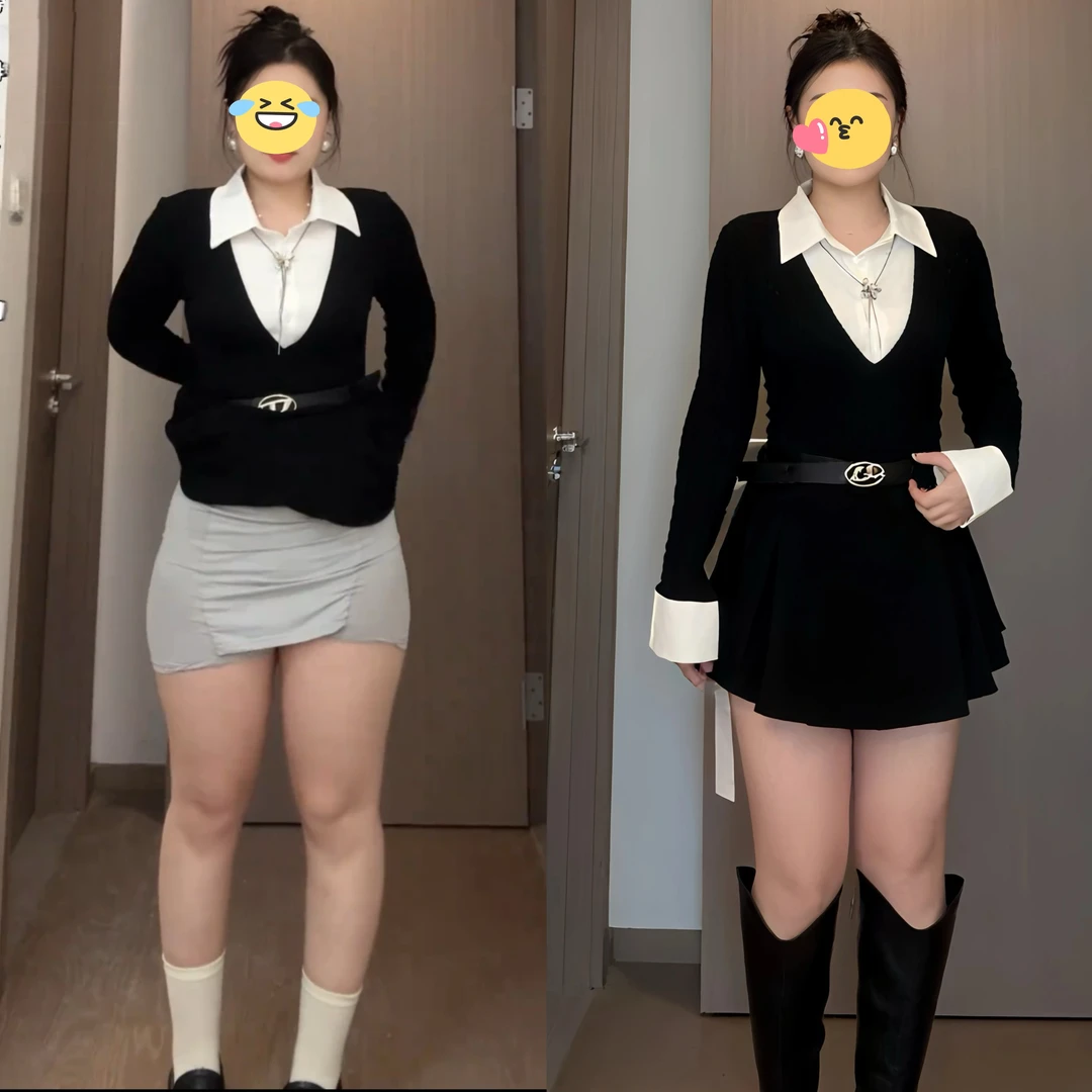 大码女装气质御姐长袖短裙早秋季微胖MM假两件通勤时尚百搭连衣裙