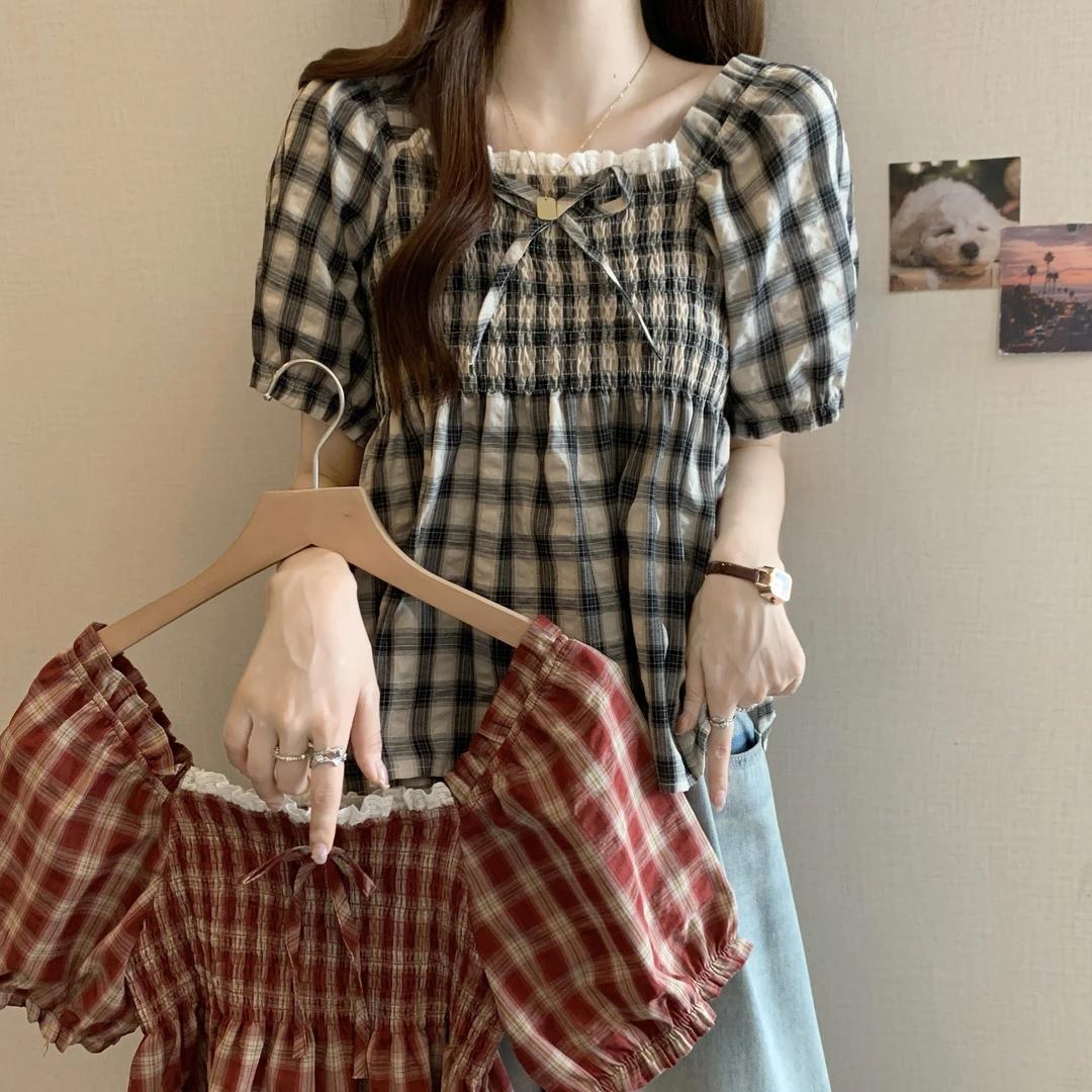 大码女装复古格子泡泡袖方领衬衫女夏季胖mm遮肚子荷叶边百搭上衣