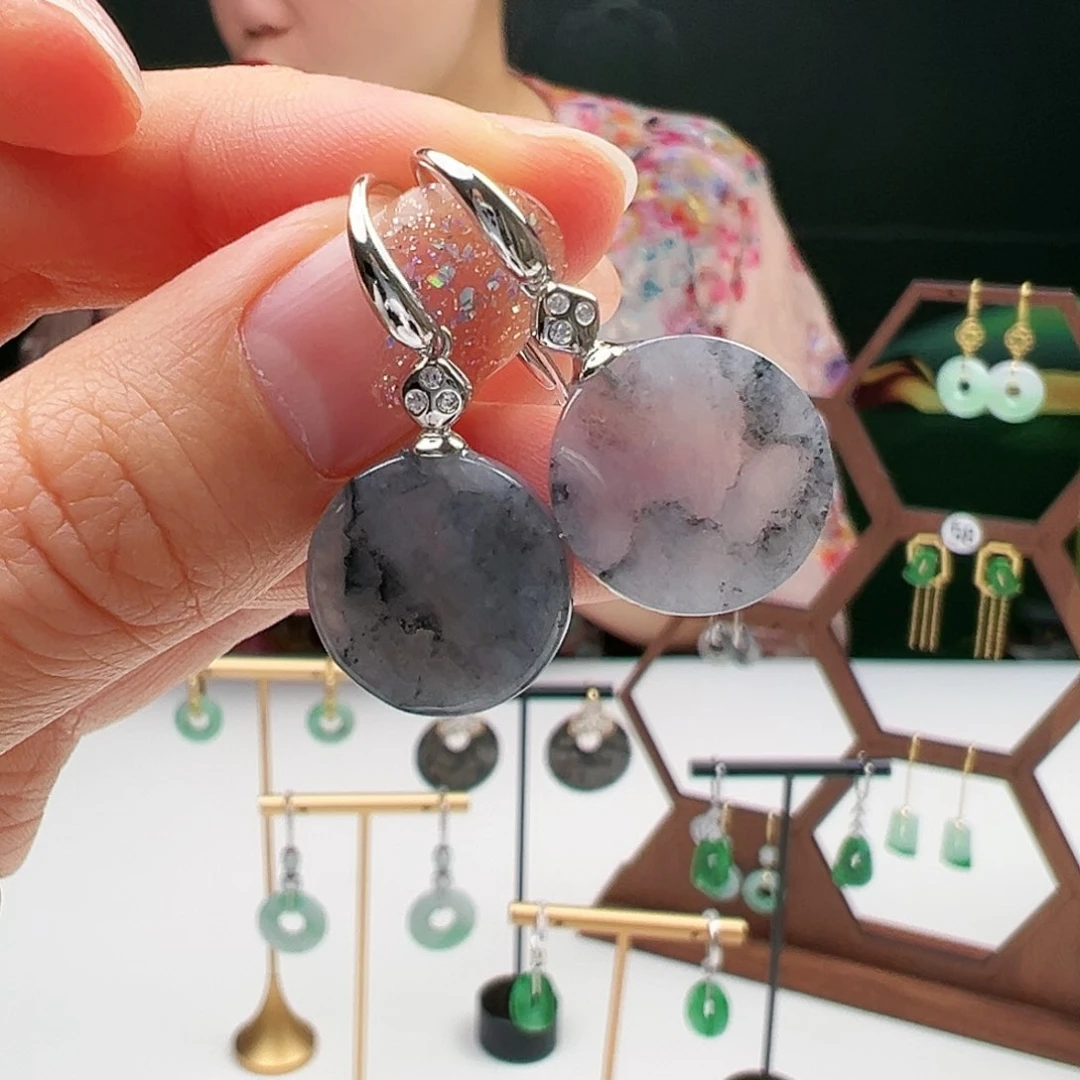 翡翠耳饰银S925镶嵌天然翡翠耳饰银s925镶嵌