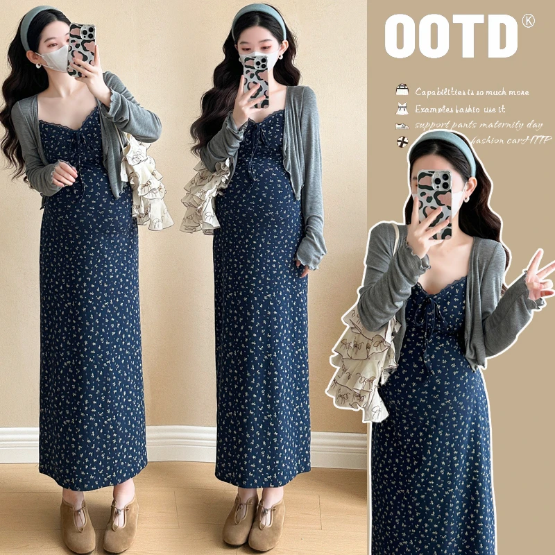 2025春季新品气质温柔V领蕾丝边碎花吊带连衣裙开衫两件套