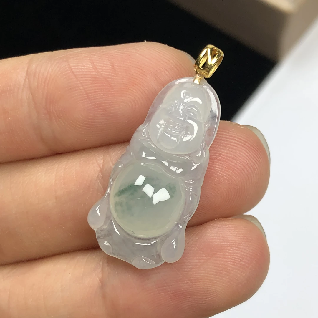 天然缅甸翡翠A货 冰飘花大肚佛站佛吊坠 18K金镶嵌挂件 情人节礼