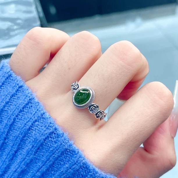 碧玉戒指银复古做旧玫瑰花碧玉戒指