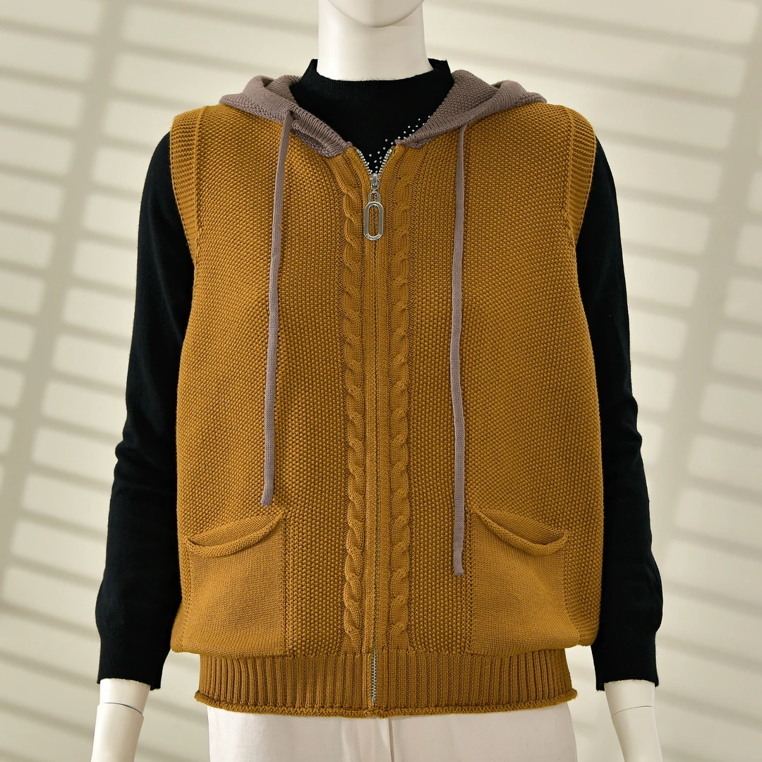 2025秋冬新复古连帽针织马甲女拉链开衫无袖外搭坎肩背心外套马夹