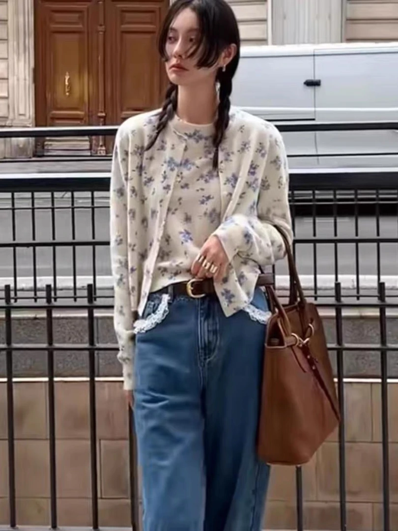 MONA 100羊毛高级感设计小众碎花开衫套头针织衫上衣女小个子新款