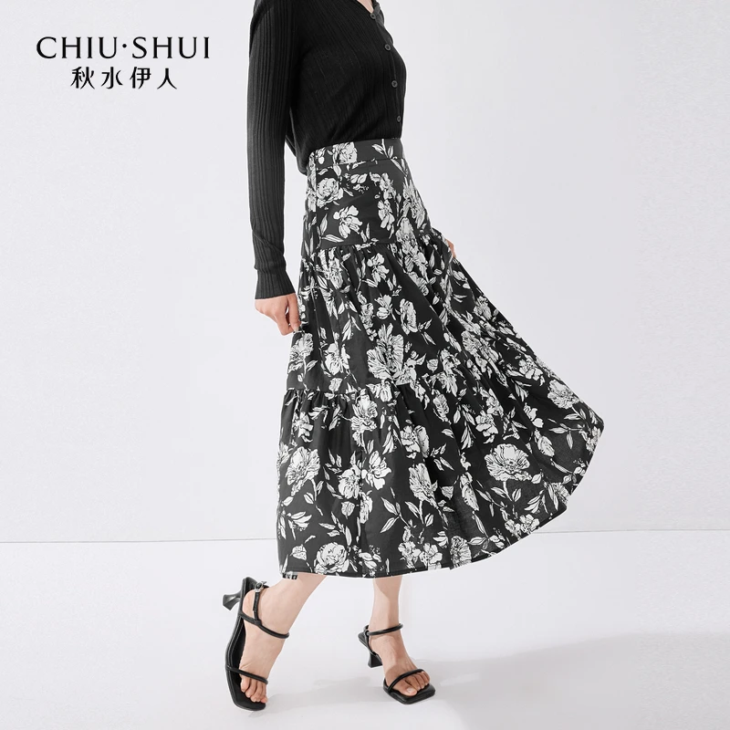 秋水伊人国风复古印花半身裙2025年夏季新款女高腰A字中长裙