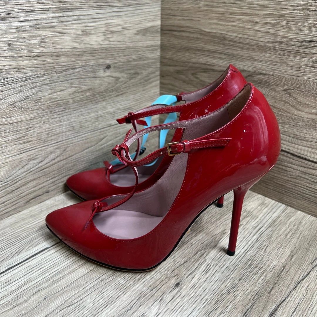 95新 GUCCI/古驰 红亮面高跟鞋 36码