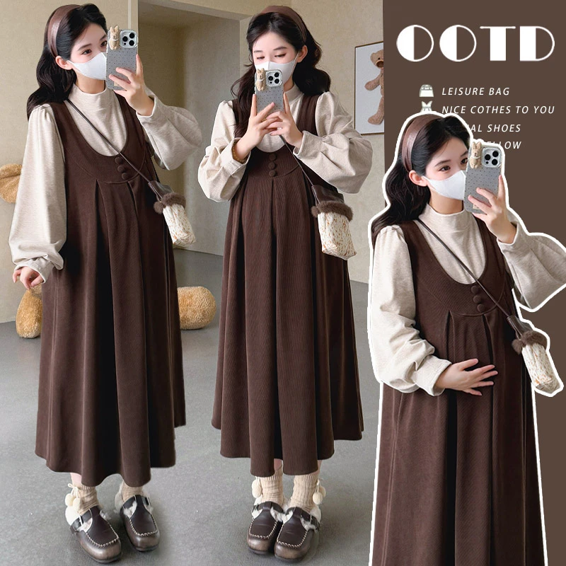 【【苏遇婉】2025秋冬新款加绒打底衫+蝴蝶结灯芯绒孕妇裙背心裙套装