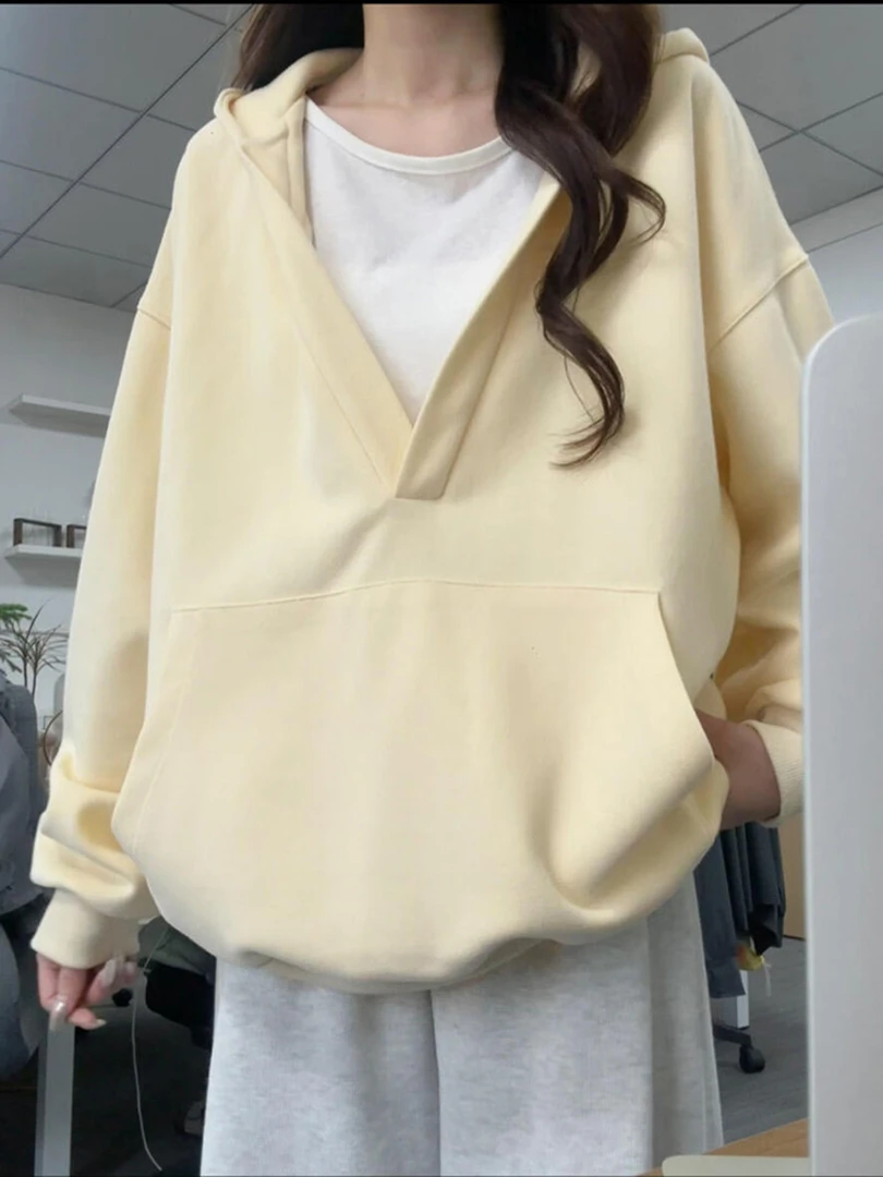 奢感V领欧若风春秋季新款宽松显瘦连帽简约卫衣时尚慵懒风连帽衫