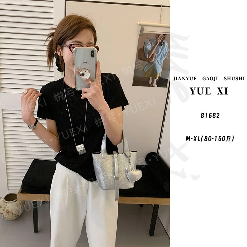 81682-宽松型INS风纯色短袖常规圆领T恤韩版时尚气质高腰洋气短款