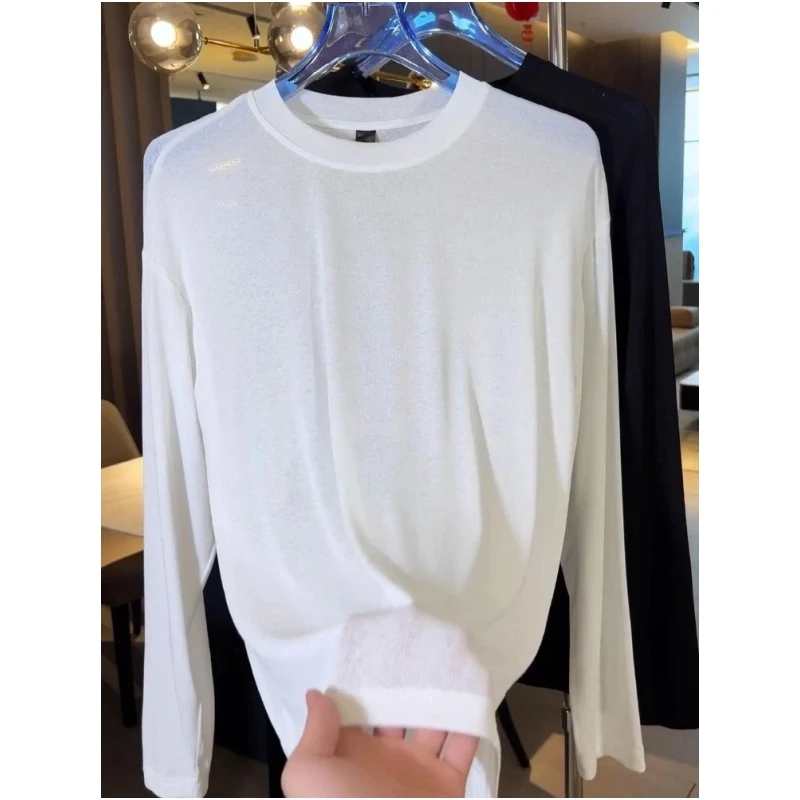 韩系洋气2-300斤特大码纯色垂感打底上衣早秋男女慵懒休闲长袖T恤