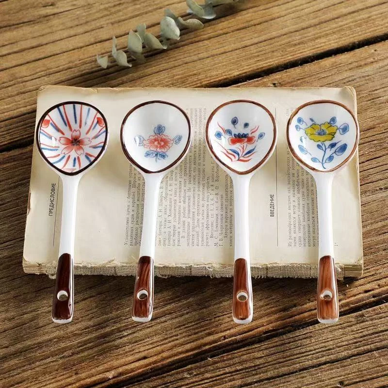 日式长柄勺子高颜值饭勺喝汤陶瓷耐高温汤匙家用调羹G77【微瑕慎拍