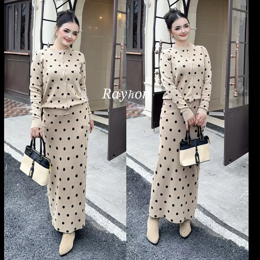 Rayhon新款套装秋季针织波点上衣搭配半身裙套装时尚减龄