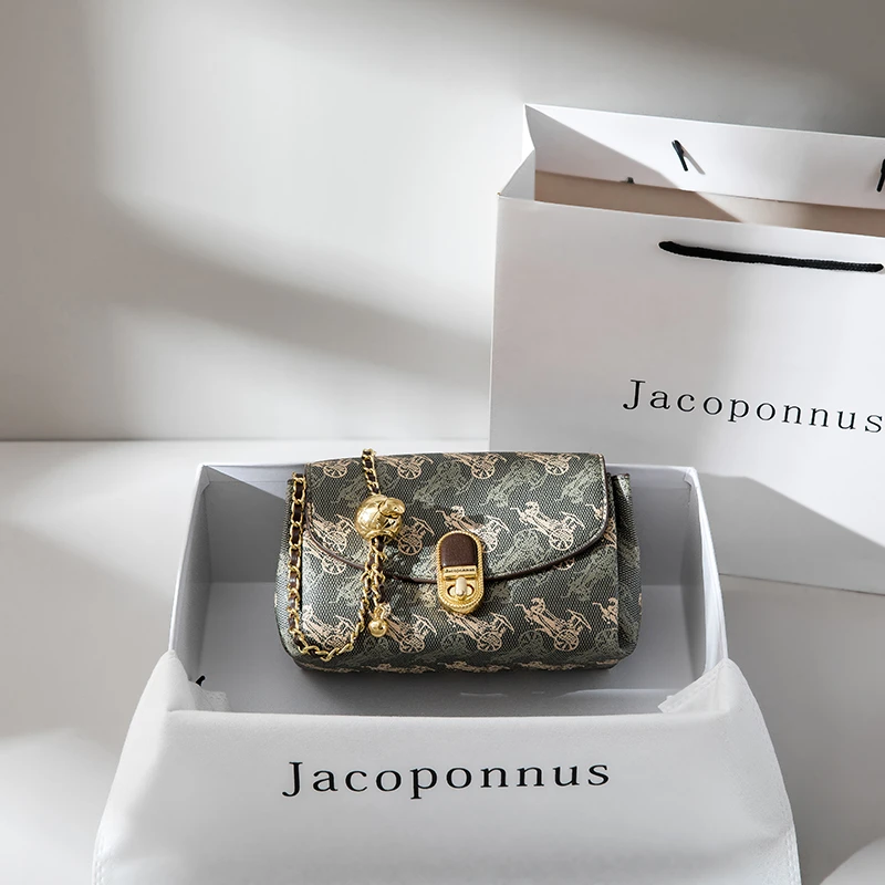 真皮老花绿色信封包女2025新款超火小包包轻奢小众高级感斜挎链条