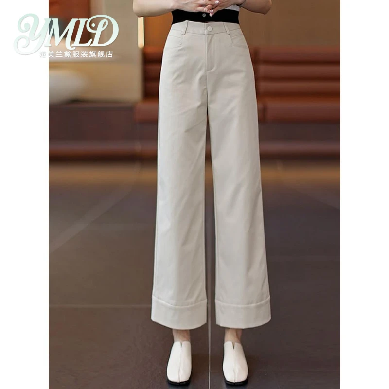 米杏色阔腿裤女2025新款夏季高腰显瘦宽松薄款八分休闲直筒西装裤