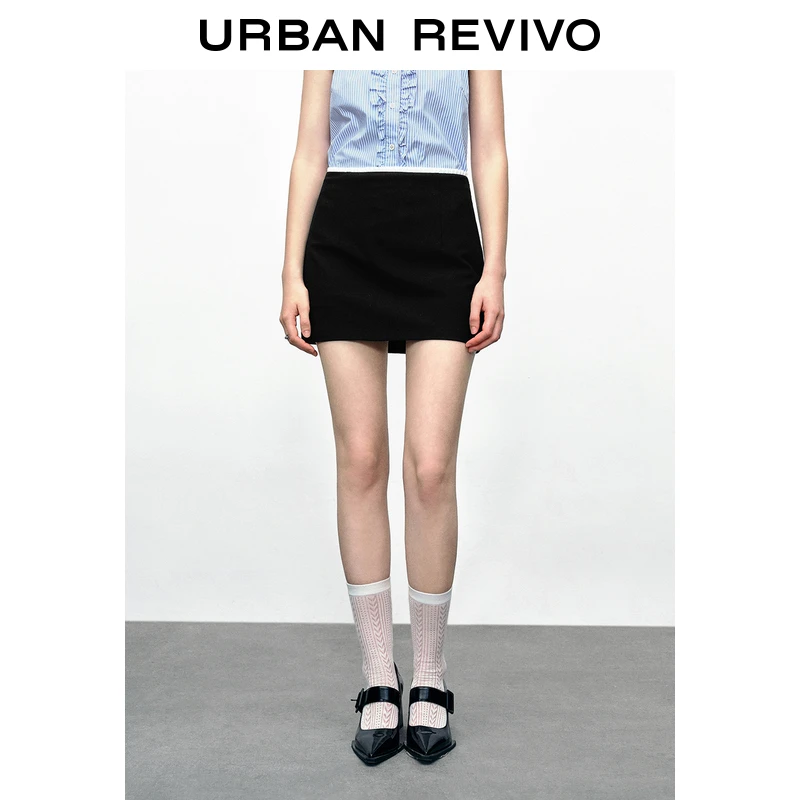UR2025秋季新款女装简约休闲撞色碎褶边后拉链半裙UYU550027