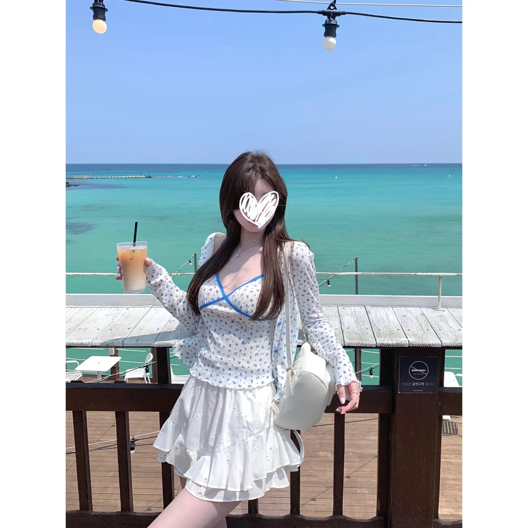 花蔓少女 早秋新款韩系少女碎花开衫吊带上衣套装Y3506