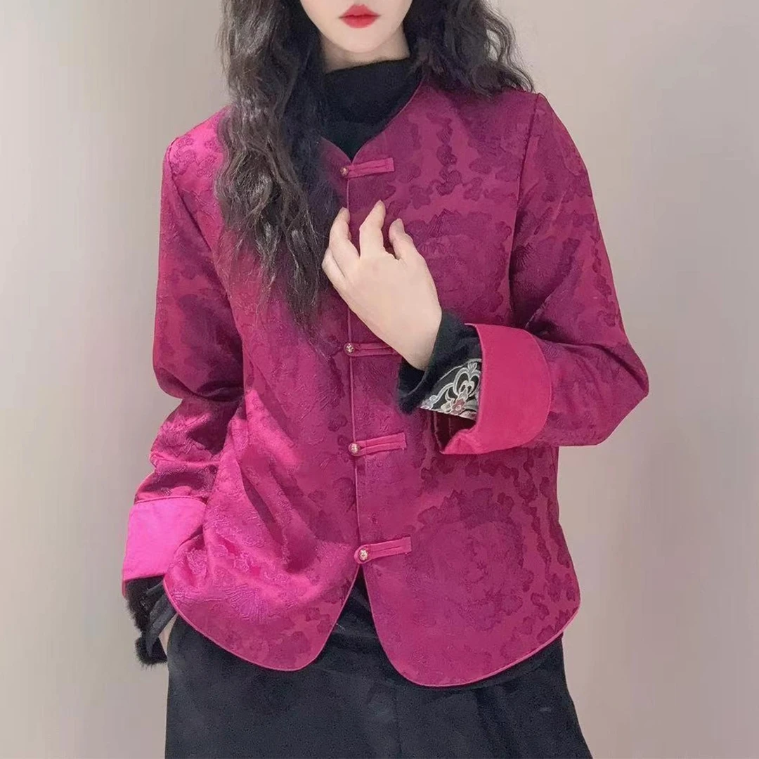 秋冬新款新中式国风长袖夹棉外套时尚洋气复古文艺提花重工上衣女