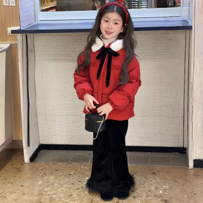女童棉袄2025冬装新款儿童毛绒翻领加绒保暖棉服宝宝喜庆红色年服