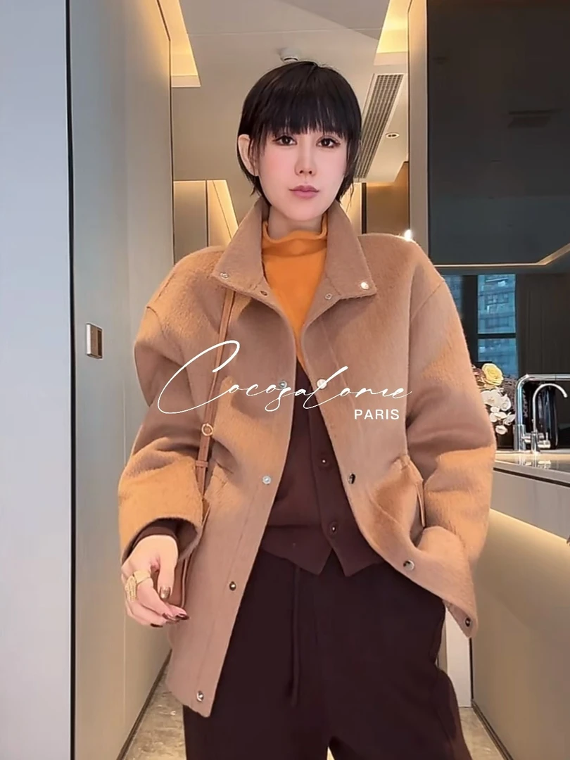 韩彬彬"港岛旧事"冬季加厚带帽骆驼绒+桑蚕丝复古时髦外套1167-5