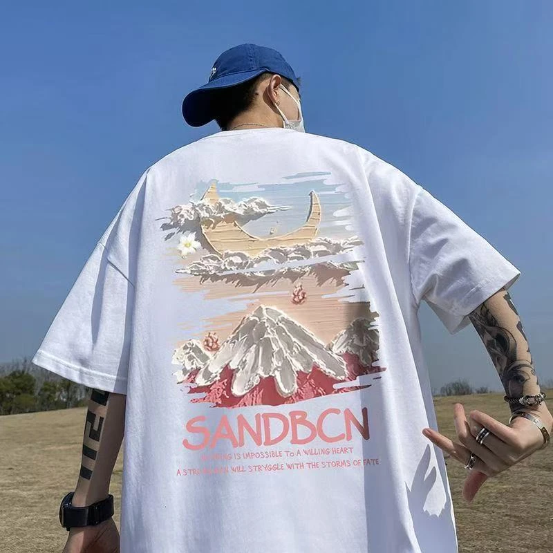 美式宽松大码t恤男潮牌ins纯棉体恤个性夏季复古高街印花上衣短袖