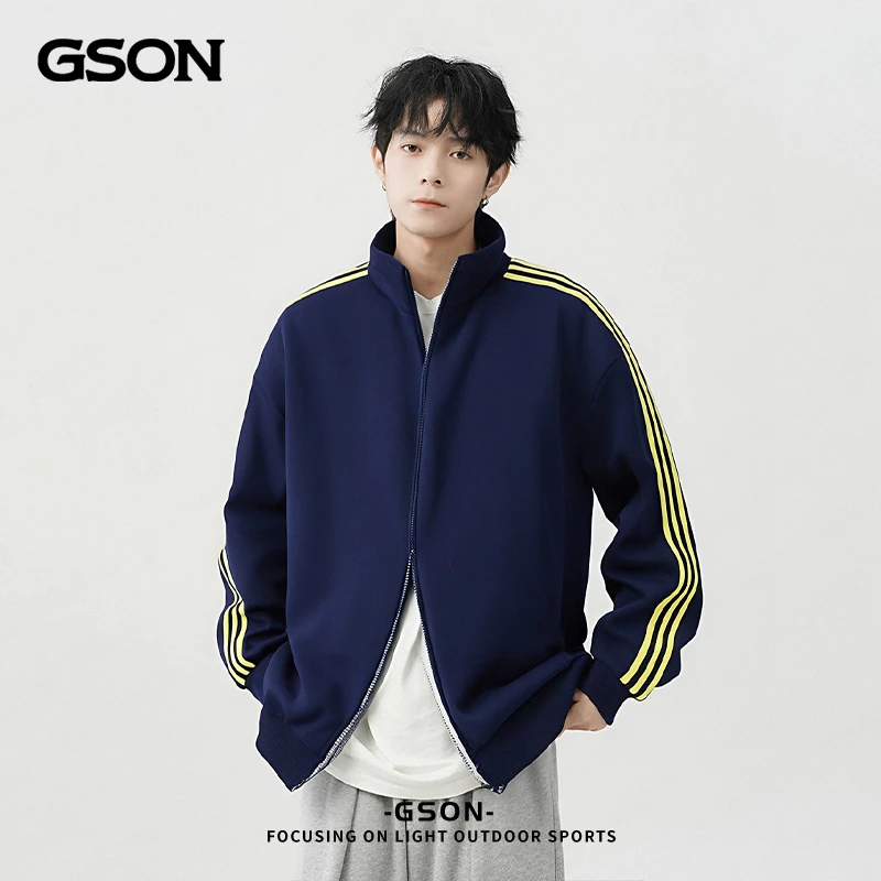 GSON男女同款双拉链休闲夹克春秋季新款户外条纹立领情侣外套