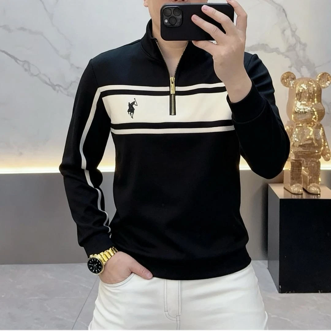 2025秋冬季欧货潮牌刺绣立领加绒卫衣男时尚修身百搭半拉链打底