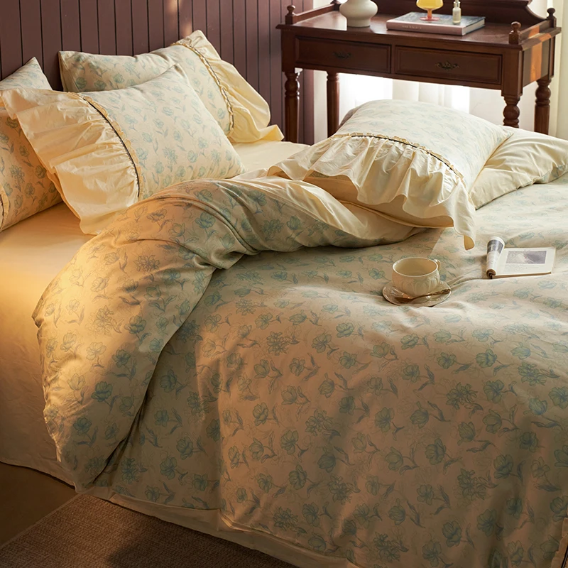 2025新款法式轻奢高定大裙边全棉纯棉花卉印花家用床上用品四件套