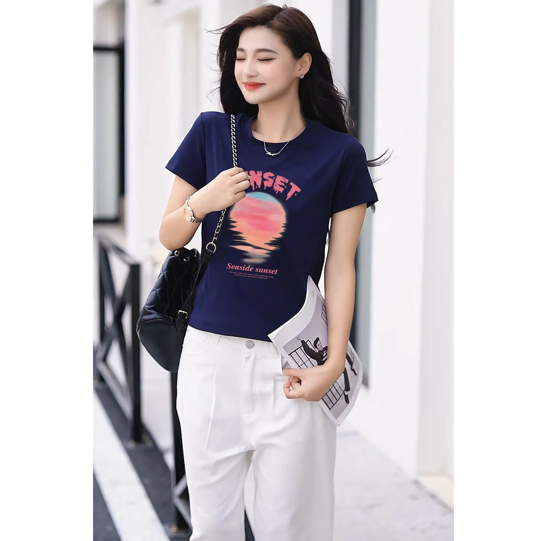 【轻氧棉】海边落日短袖女2025t恤女款正肩休闲时尚夏季圆领显瘦