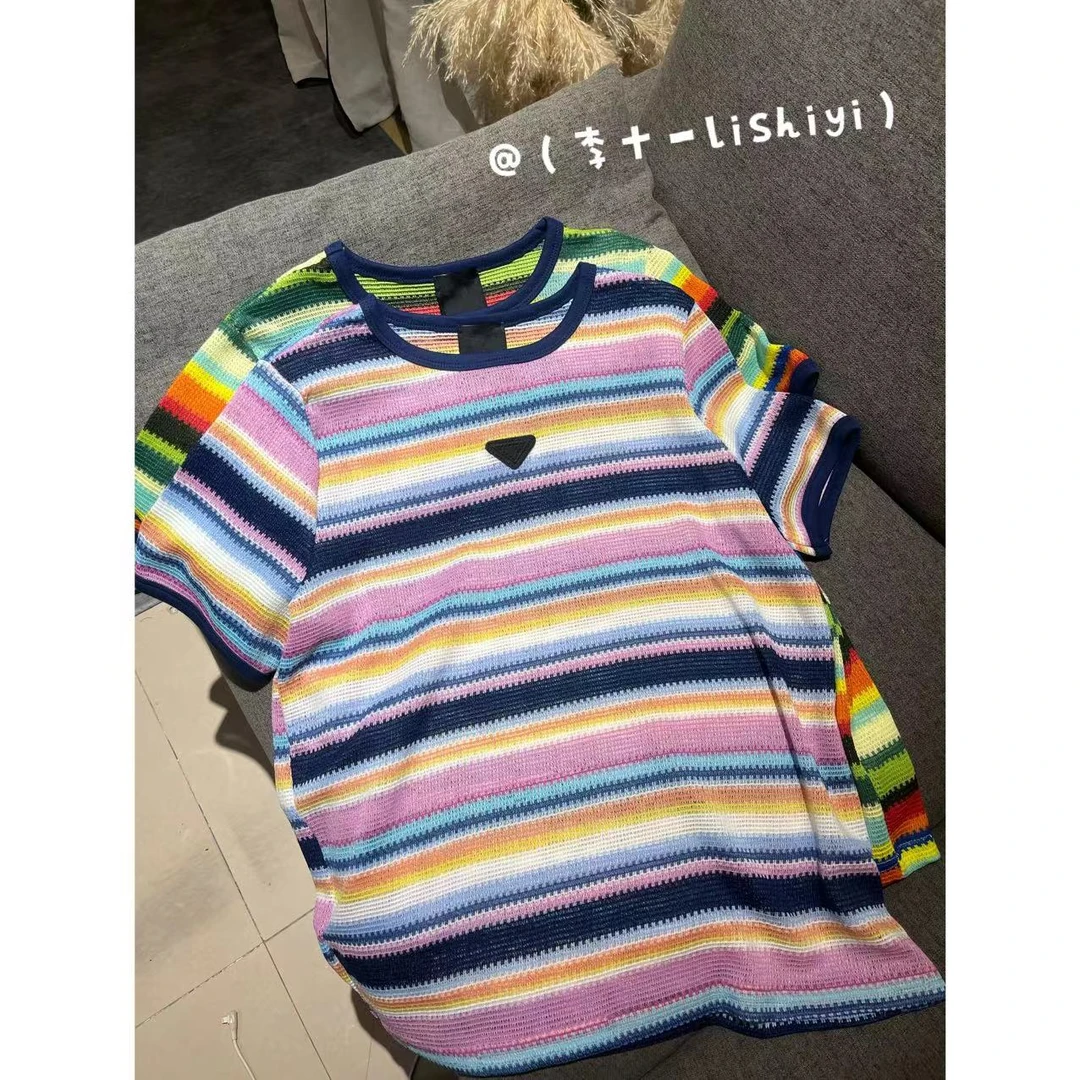 【李十一LISHIYI】彩色条纹设计感宽松短袖上衣★7232