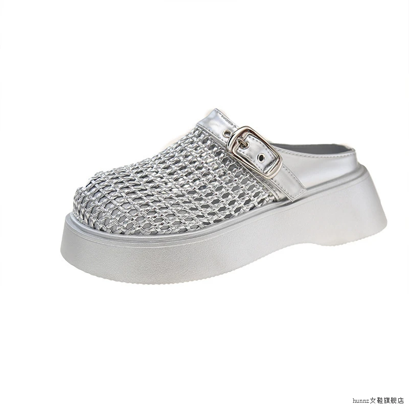 hunnz大头编织镂空松糕厚底包头半拖鞋女外穿小个子增高乐福鞋