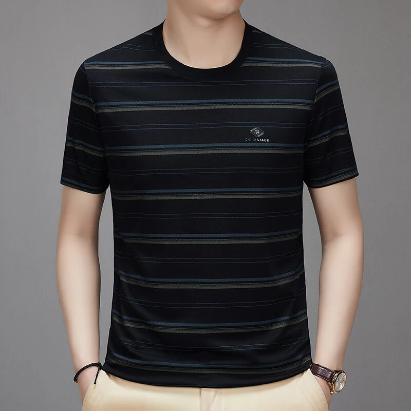 夏季新款圆领套头高品质印花短袖T恤男时尚休闲透气半袖条纹显瘦