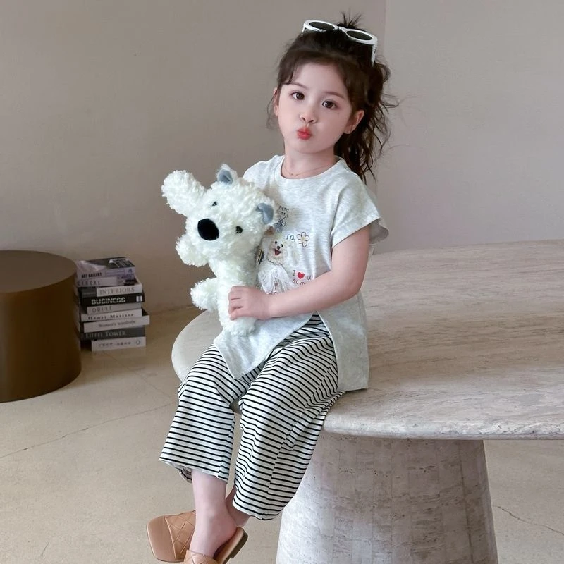 女童夏装短袖套装2025新款儿童时髦洋气衣服条纹宝宝裤子夏季衣服