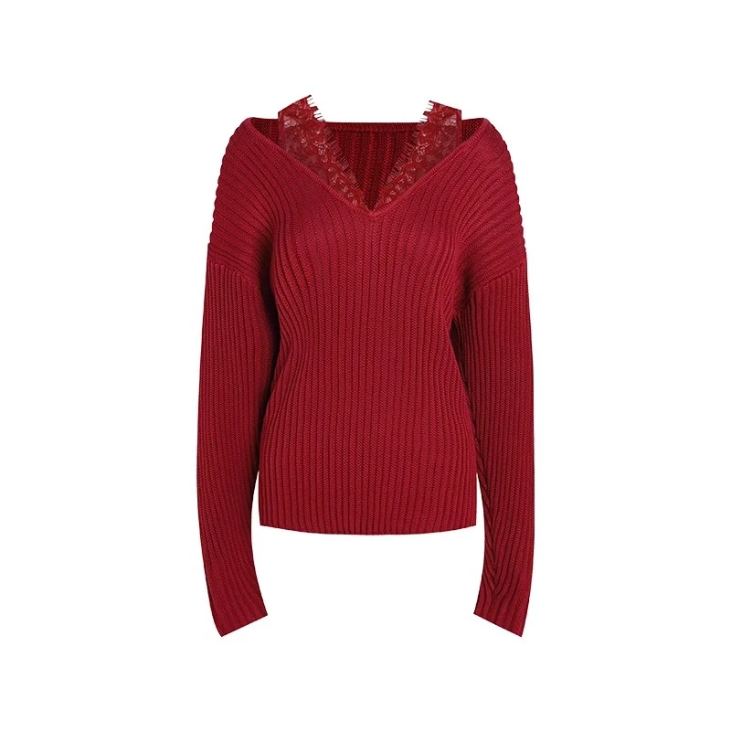 CNLEEWEI2025春夏新款宽松坑条V领拼接蕾丝套头毛织上衣