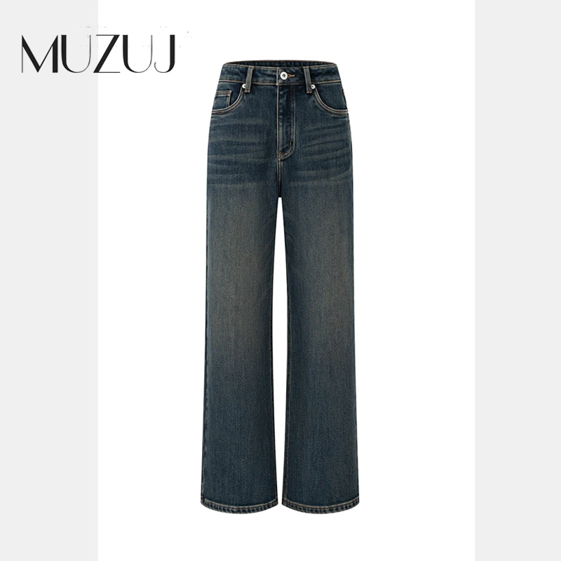 加绒加厚直筒阔腿牛仔裤女2024冬季复古长裤7092