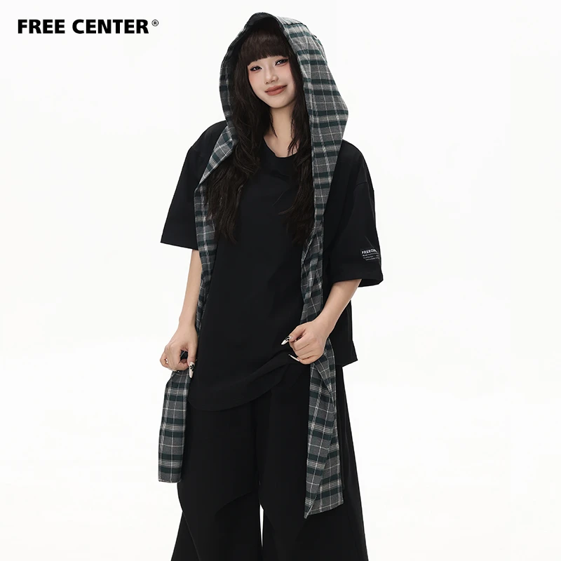 Free Center280g凉感冰皮双层短袖T恤男女假两件格子拼接连帽上衣