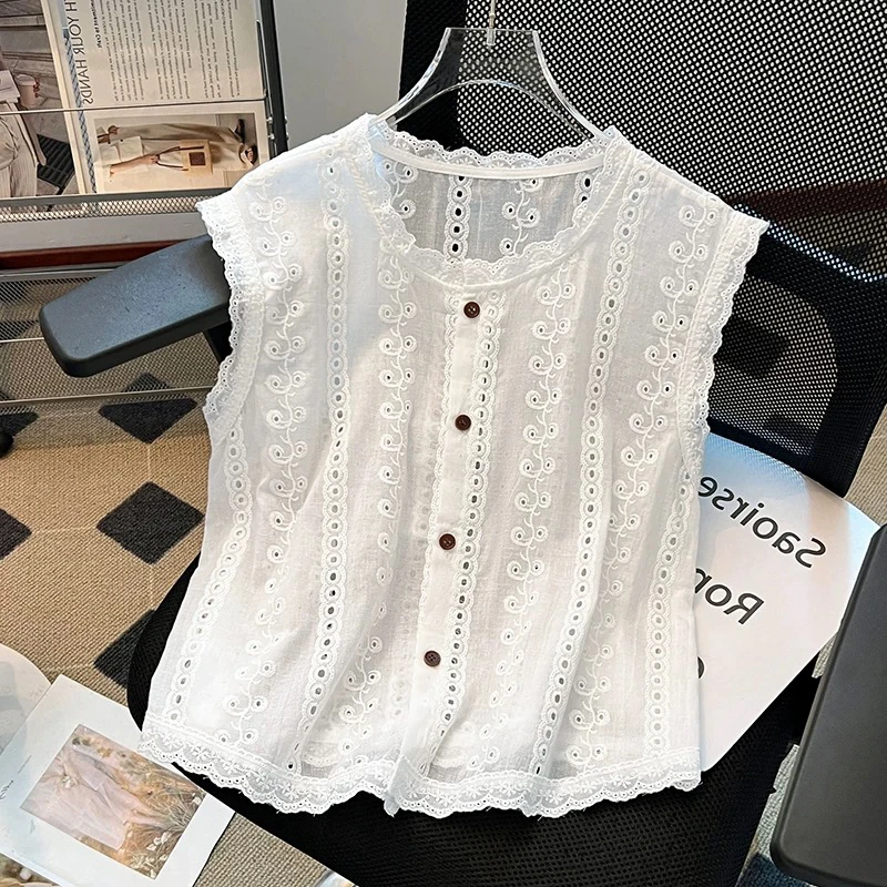 【海南肉丝】高级感镂空蕾丝花边无袖上衣